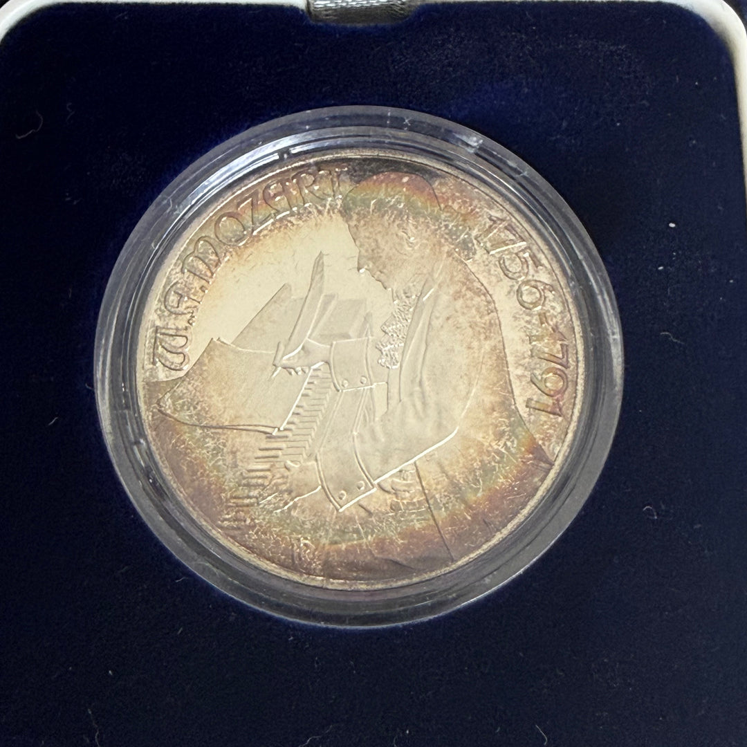 Silver coin 100 Austrian shillings 200th death of Wolfgang Amadeus Mozart 1991
