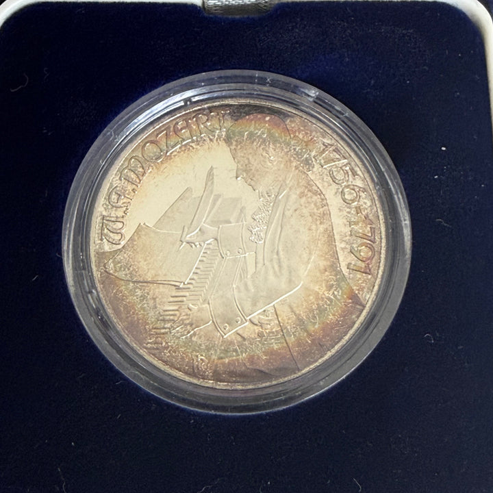 Silver coin 100 Austrian shillings 200th death of Wolfgang Amadeus Mozart 1991