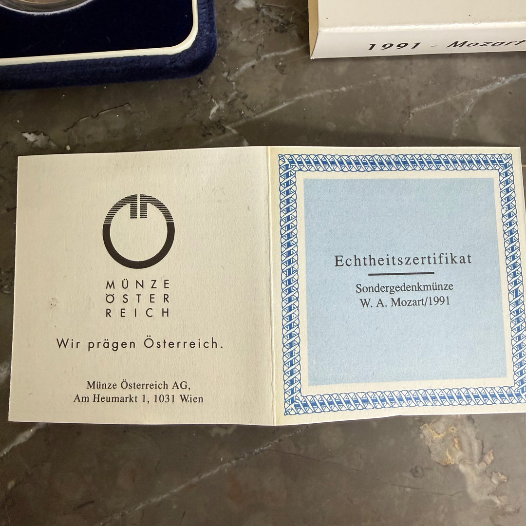 Silver coin 100 Austrian shillings 200th death of Wolfgang Amadeus Mozart 1991