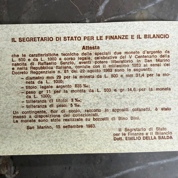 Silbermünzen 500 1000 Lire Republik San Marino V Hundertster Geburtstag Raffaello Sanzio 1983