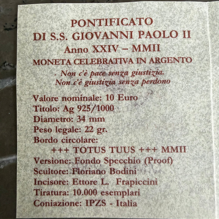 Silver coin 10€ Pontificate of His Holiness John Paul II Year XXIV 2002