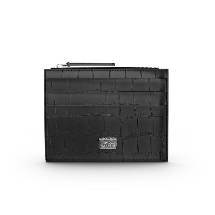 Porte-cartes Giovanni Raspini avec zip, cuir croco noir, argent 925 L0023