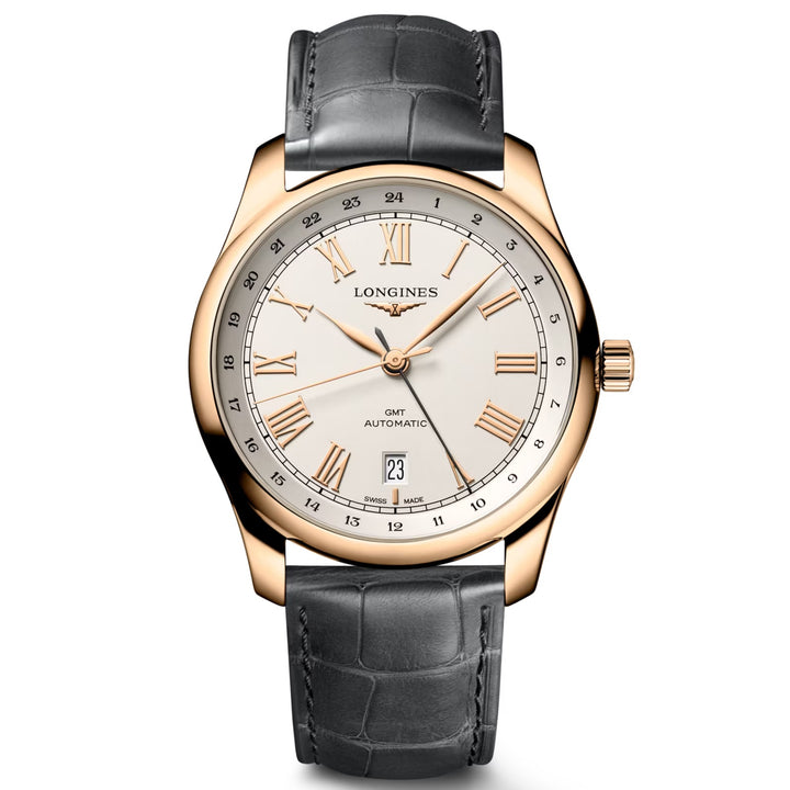 Longines Master Collection Watch GMT 40mm 자동 실버 Rosa 18kt L2.844.8.71.2