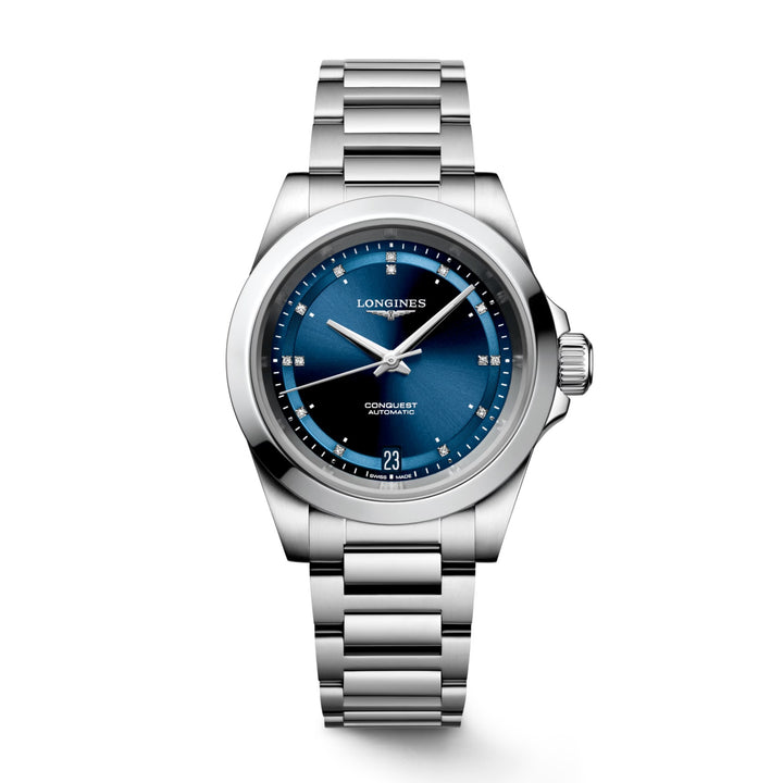 ساعة لونجين نيو كونكويست 34 ملم أوتوماتيكية زرقاء اللون من الفولاذ L3.430.4.97.6