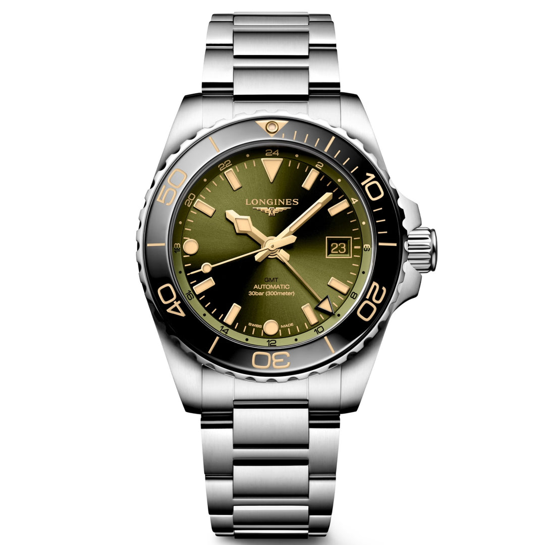 ساعة لونجين هيدروكونكويست GMT 41 ملم أوتوماتيكية باللون الأخضر من الفولاذ L3.790.4.06.6