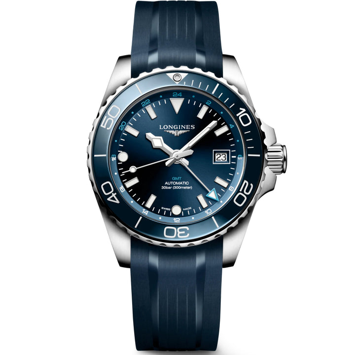 ساعة لونجين هيدروكونكويست GMT 41 ملم أوتوماتيكية زرقاء من الفولاذ L3.790.4.96.9