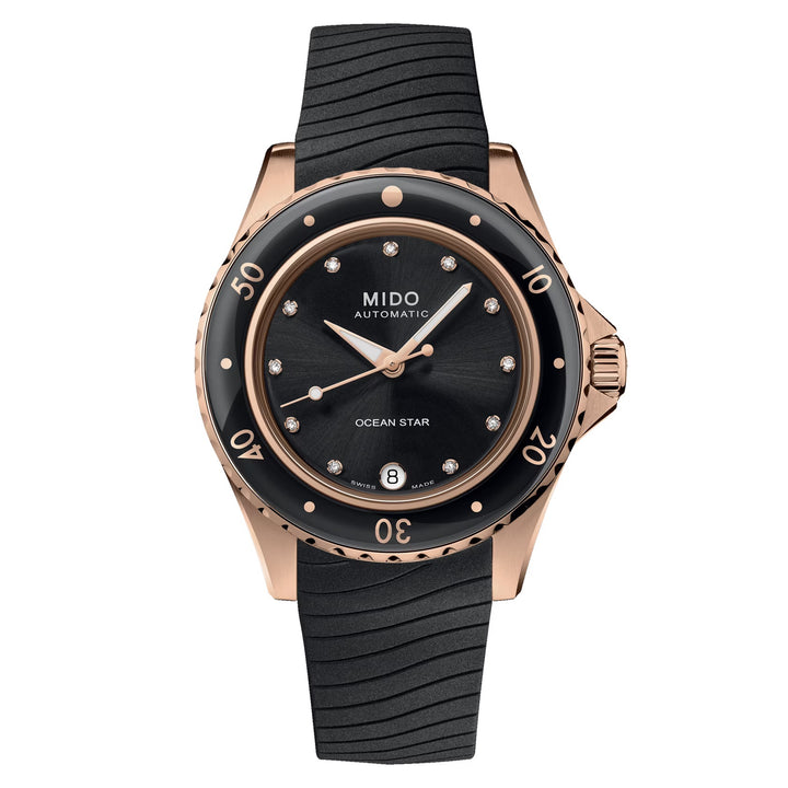 Mido horloge Ocean Star Lady 36,5 mm zwart automatisch staal PVD rosé gouden afwerking M026.207.37.056.00