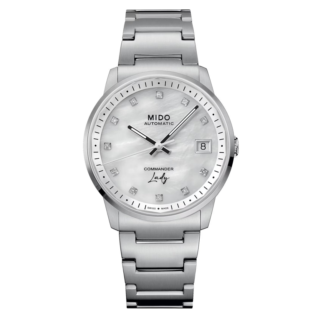 Dowódca zegara Mido Lady 35 mm Madreperper Diamonds Automatyczna stal M021.207.11.106.00