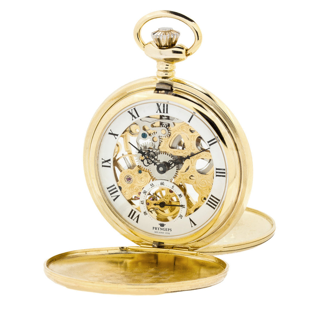 Pryngeps Skeleton kapesní hodinky 50mm bílé ruční nátah ocel PVD provedení žluté zlato T075-L