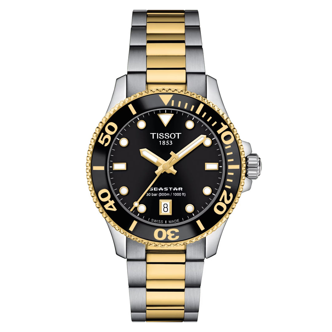 Tissot SEASTAR 1000 36 mm Watch Black Quartz Steel Pvd acabados de oro amarillo T120.210.22.051.00