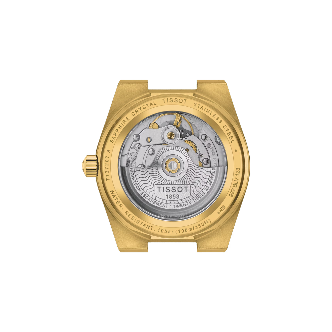 ساعة تيسو PRX Powermatic 80 35 ملم أوتوماتيكية من الفولاذ بلون الشامبانيا مطلية بالذهب الأصفر PVD T137.207.33.021.00