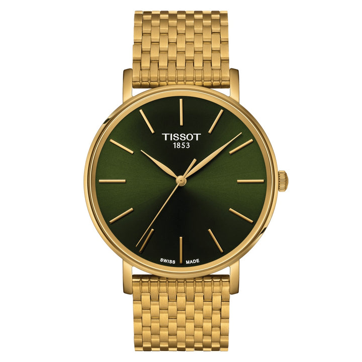 Tissot EVEYTIME 40 -мм часы Green Quartz Quartz Steel Finish Pvd Gold Yellow T143.410.33.091.00