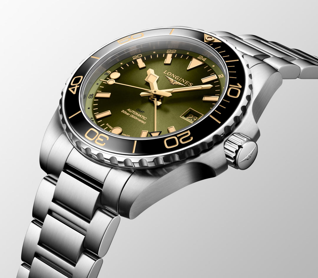 ساعة لونجين هيدروكونكويست GMT 41 ملم أوتوماتيكية باللون الأخضر من الفولاذ L3.790.4.06.6