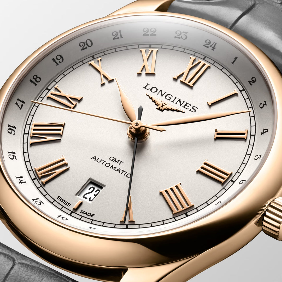 Longines relógio Master Collection GMT 40 milímetros de prata automática 18kt ouro rosa L2.844.8.71.2