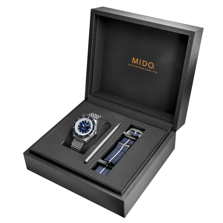 ساعة ميدو أوشن ستار بتوقيت جرينتش إصدار خاص 40 ملم أوتوماتيكية زرقاء من الفولاذ M026.829.18.041.00