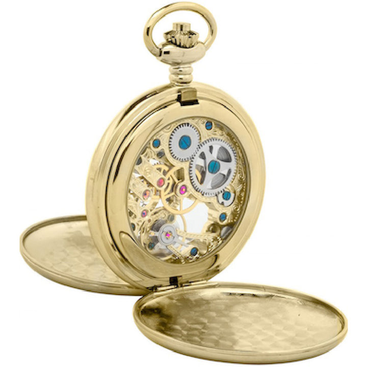 Reloj de bolsillo Pryngeps Skeleton 50 mm blanco cuerda manual acero PVD acabado oro amarillo T075-L