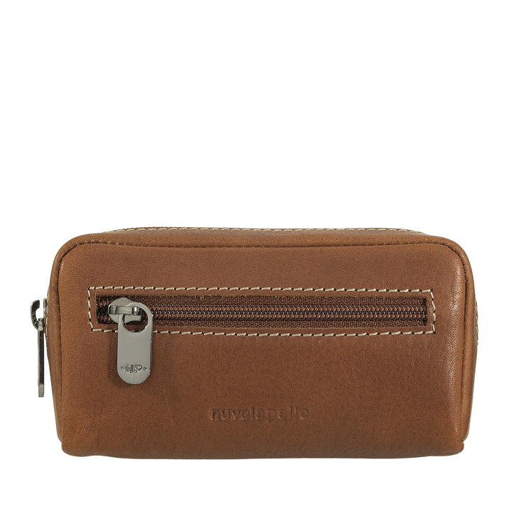 Nuvola leather case with leather keychain with zipper - keychain with 2 metal rings and zip pockets for keys, coins and small objects