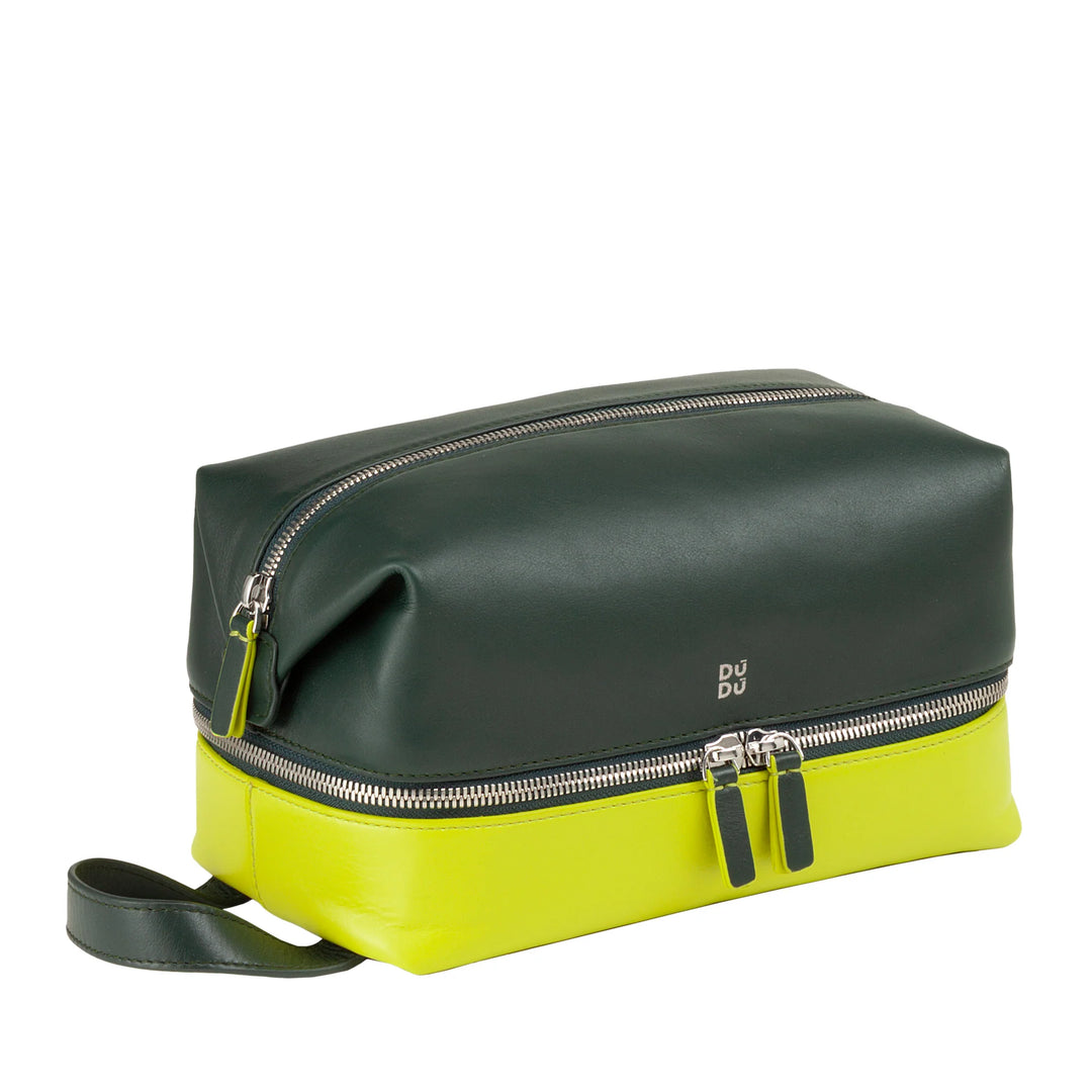 DUDU Beauty Case da Viaggio Uomo Donna, Borsa da Toilette in Pelle Colorata a Mano, 2 Scomparti con Maniglia