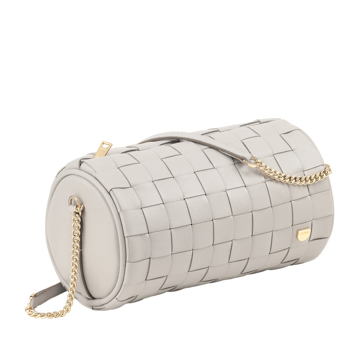 DUDU Borsa Donna a Cilindro in Vera Pelle Intrecciata con Tracolla a Catena, Elegante – Design Artigianale, Borsa Spalla Cilindrica di Lusso per Occasioni Casual e Speciali
