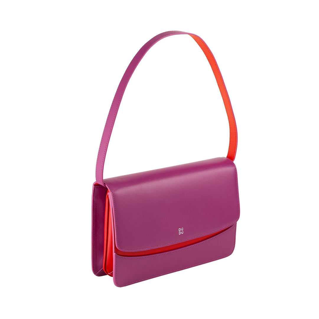 DUDU Damen-Umhängetasche aus Leder, hergestellt in Italien, großes, elegantes, starres Design mit Klappe, 3 Fächer