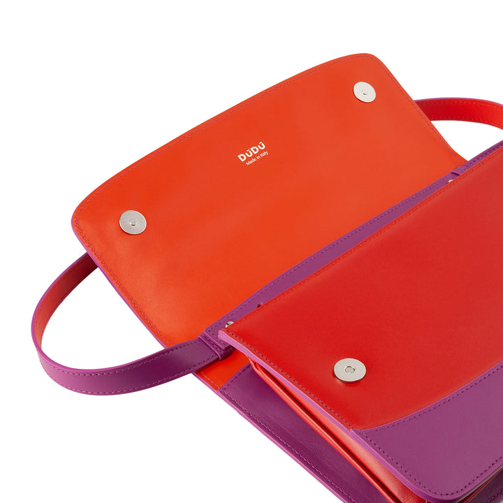 DUDU Damen-Umhängetasche aus Leder, hergestellt in Italien, großes, elegantes, starres Design mit Klappe, 3 Fächer