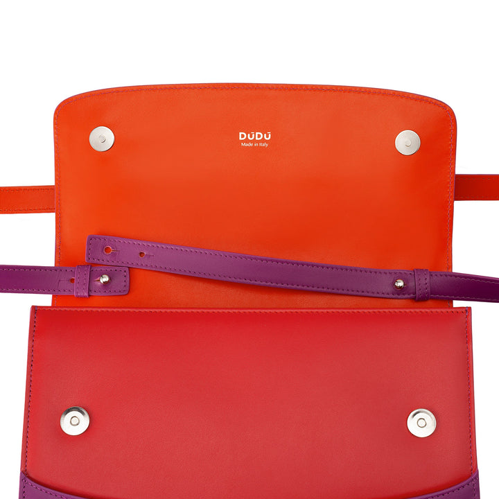 DUDU Damen-Umhängetasche aus Leder, hergestellt in Italien, großes, elegantes, starres Design mit Klappe, 3 Fächer