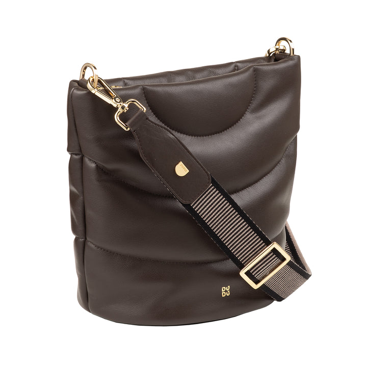 Bolso de hombro para mujeres Dudu y correa de hombro acolchada en cuero nappa, bolso grande con bisagra y correa de doble hombro, diseño elegante