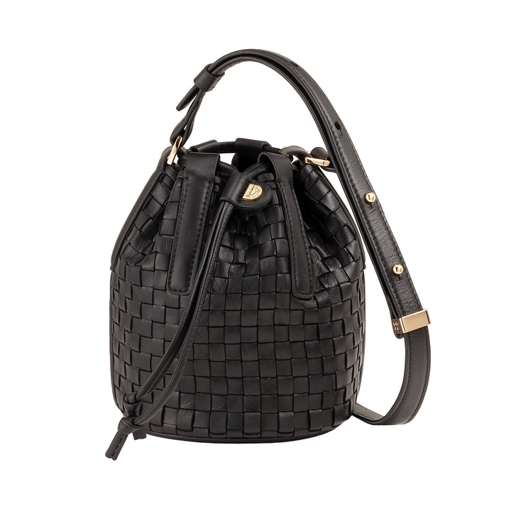 Bolsa balde de couro tecido DUDU – bolsa feminina pequena com alça de ombro ajustável, cordão e embreagem interna, elegante e artesanal