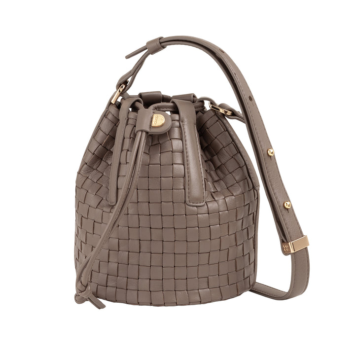 Bolsa balde de couro tecido DUDU – bolsa feminina pequena com alça de ombro ajustável, cordão e embreagem interna, elegante e artesanal