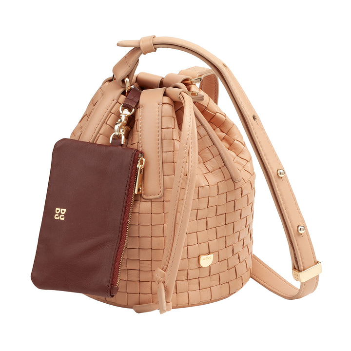 Bolsa balde de couro tecido DUDU – bolsa feminina pequena com alça de ombro ajustável, cordão e embreagem interna, elegante e artesanal