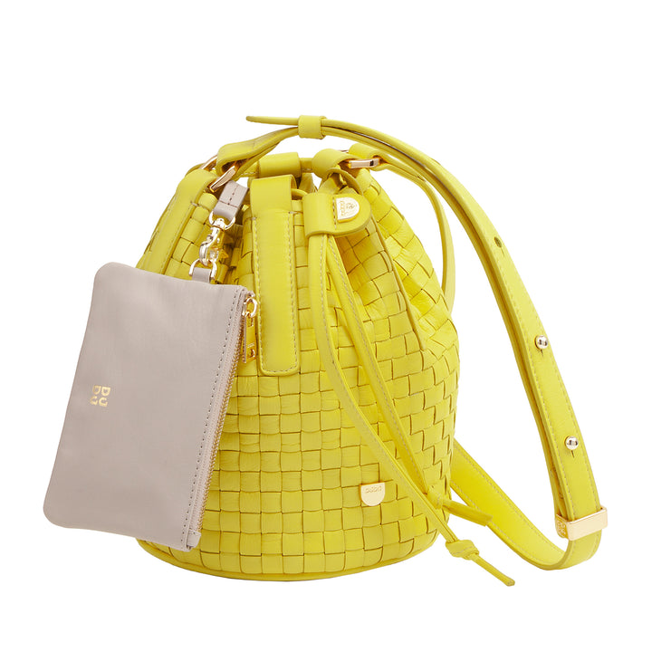 Bolsa balde de couro tecido DUDU – bolsa feminina pequena com alça de ombro ajustável, cordão e embreagem interna, elegante e artesanal