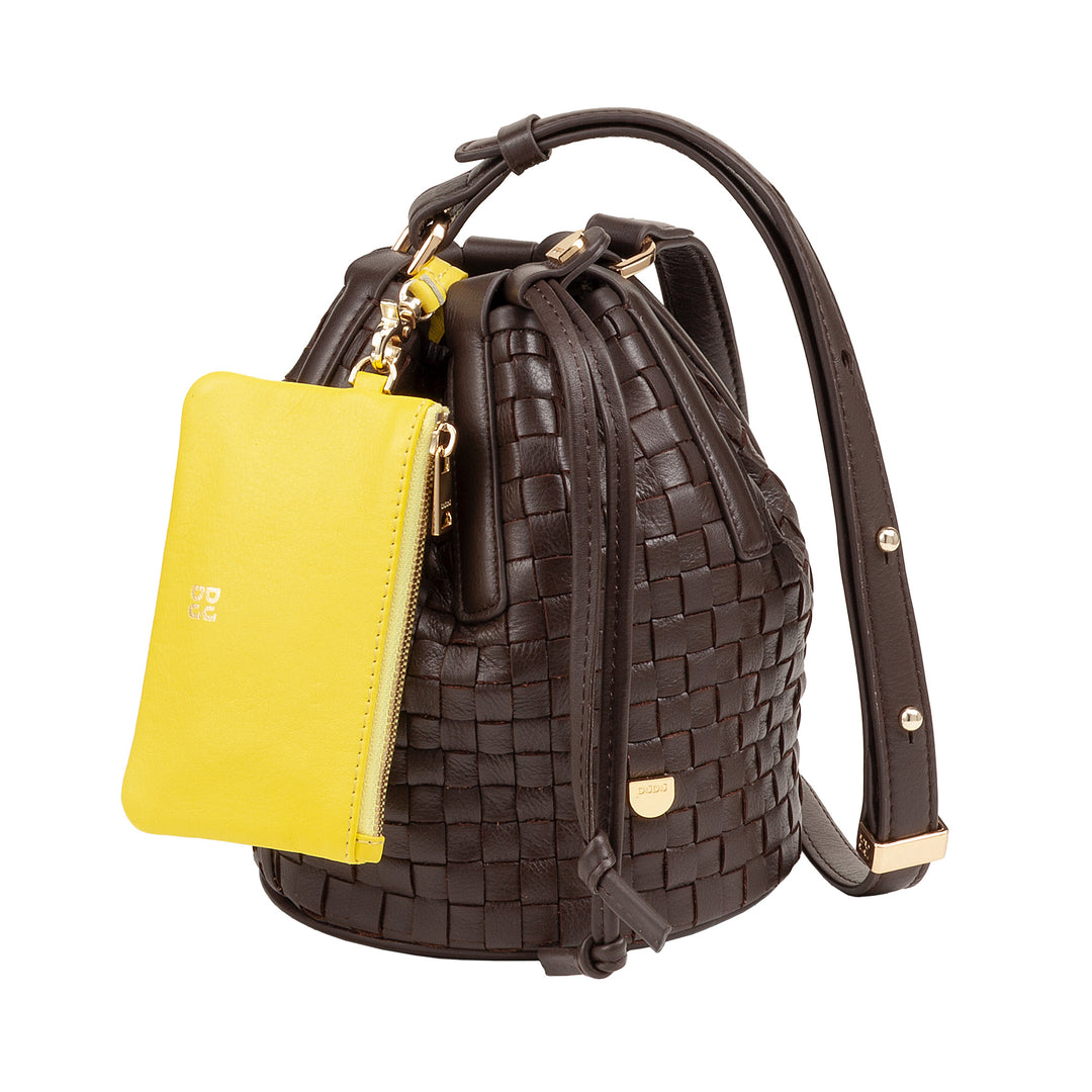 Bolsa balde de couro tecido DUDU – bolsa feminina pequena com alça de ombro ajustável, cordão e embreagem interna, elegante e artesanal