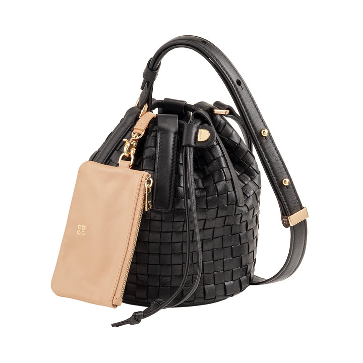 Bolsa balde de couro tecido DUDU – bolsa feminina pequena com alça de ombro ajustável, cordão e embreagem interna, elegante e artesanal