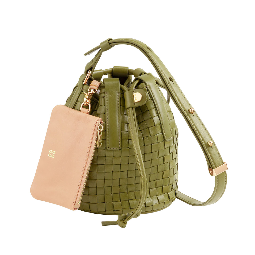 Bolsa balde de couro tecido DUDU – bolsa feminina pequena com alça de ombro ajustável, cordão e embreagem interna, elegante e artesanal