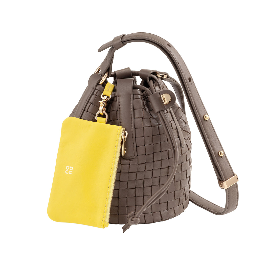 Bolsa balde de couro tecido DUDU – bolsa feminina pequena com alça de ombro ajustável, cordão e embreagem interna, elegante e artesanal