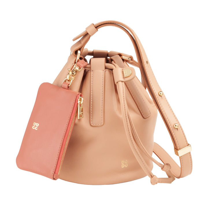 DUDU Women's Small Bucket Bag in Genuine Leather with Adjustable Shoulder Strap and Drawstring Closure - Elegant and Compact Shoulder Bag with Drawstring, Perfect for Everyday Use