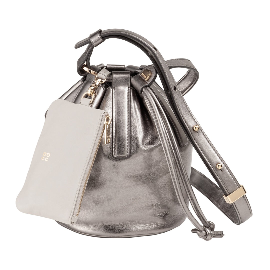 DUDU Women's Small Bucket Bag in Genuine Leather with Adjustable Shoulder Strap and Drawstring Closure - Elegant and Compact Shoulder Bag with Drawstring, Perfect for Everyday Use