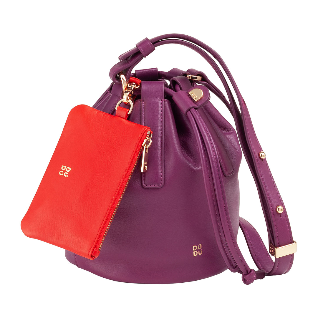 DUDU Women's Small Bucket Bag in Genuine Leather with Adjustable Shoulder Strap and Drawstring Closure - Elegant and Compact Shoulder Bag with Drawstring, Perfect for Everyday Use