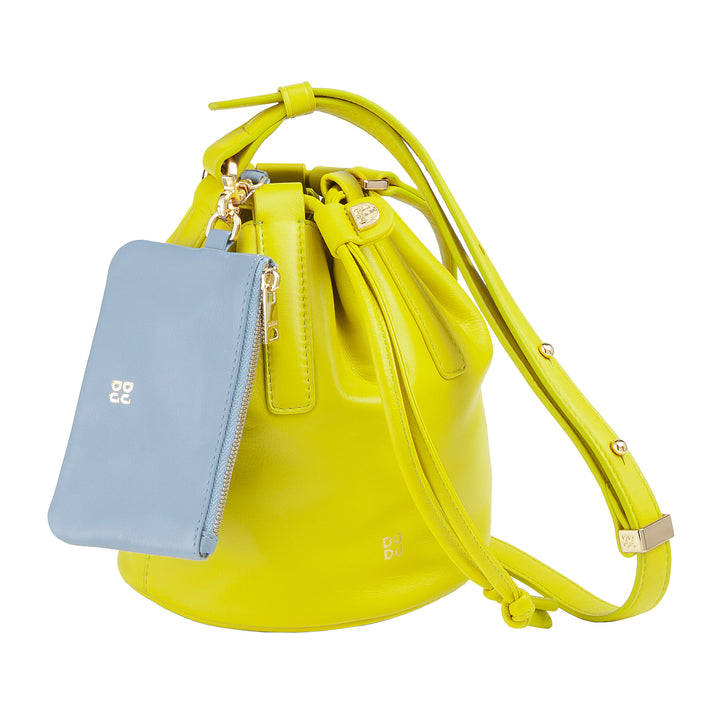 DUDU Women's Small Bucket Bag in Genuine Leather with Adjustable Shoulder Strap and Drawstring Closure - Elegant and Compact Shoulder Bag with Drawstring, Perfect for Everyday Use