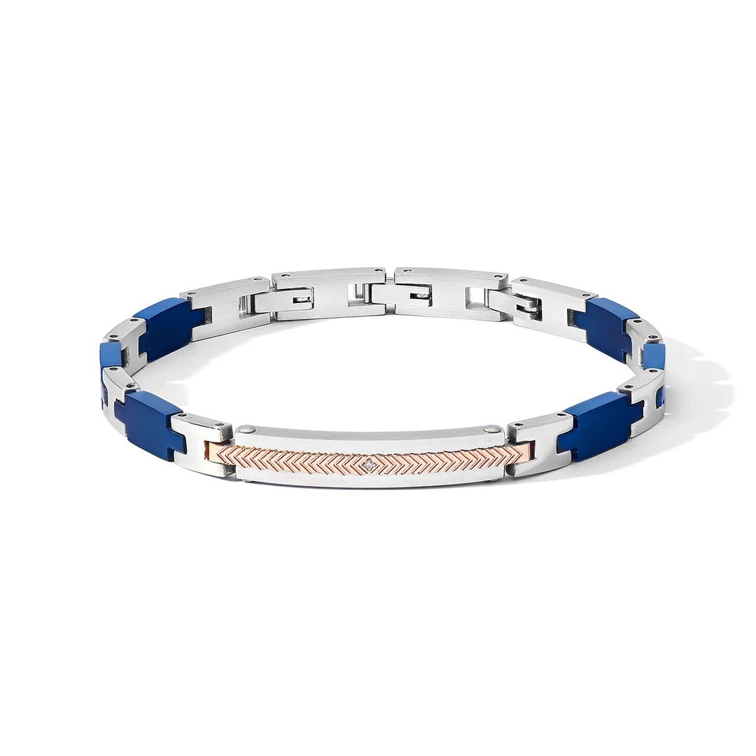 Comete bracciale Faces acciaio finiture PVD oro rosa e blu zirconi UBR 1180