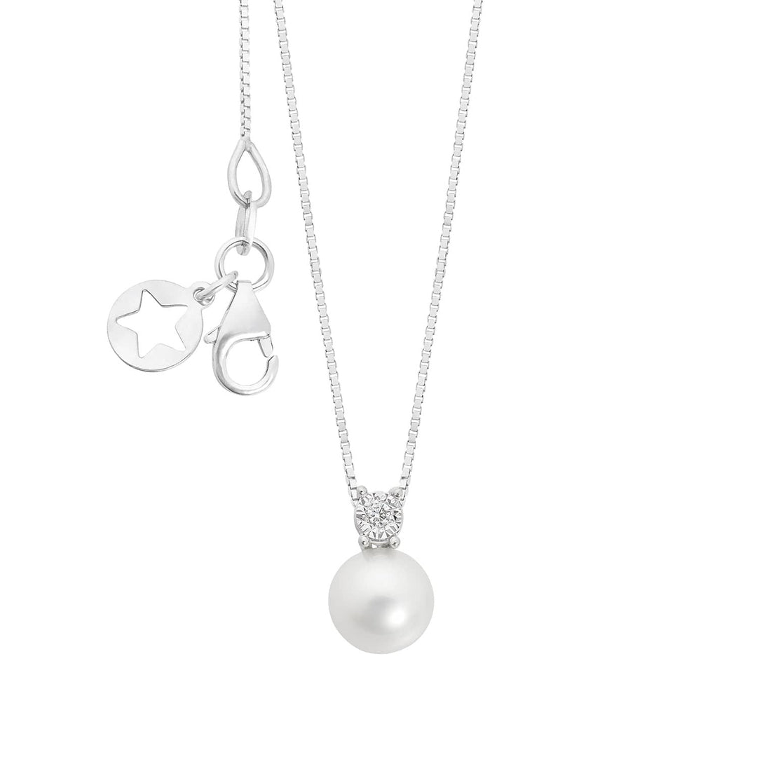 Comete ketting in 375‰ witgoud met witte diamant en gecultiveerde parel KGLP002