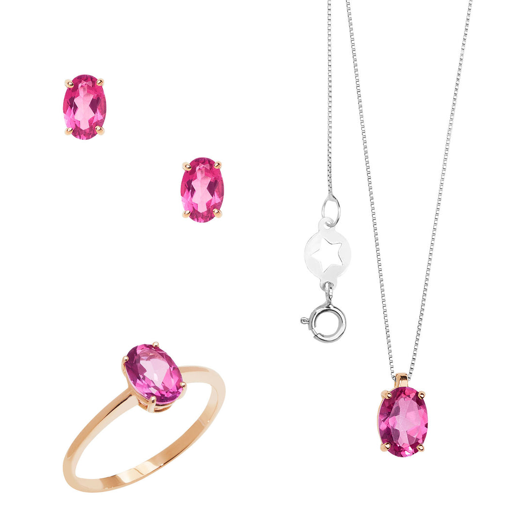 Comete halskæde, ring og øreringe i rosa guld med oval pink topaz SÆT164326781094