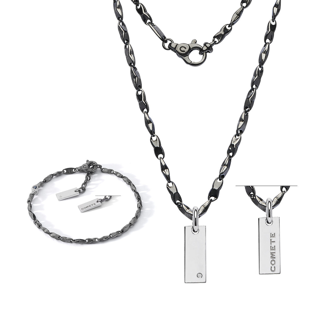 Comete Bracelet and Necklace in burnished and polished Silver, Diamond and black Spinels KIT7511259
