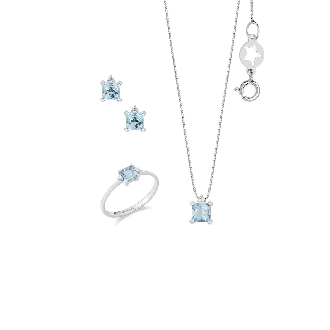 Comete Girocollo, Anello e Orecchini in Oro bianco Diamanti e Acquamarina carrè KIT316351276