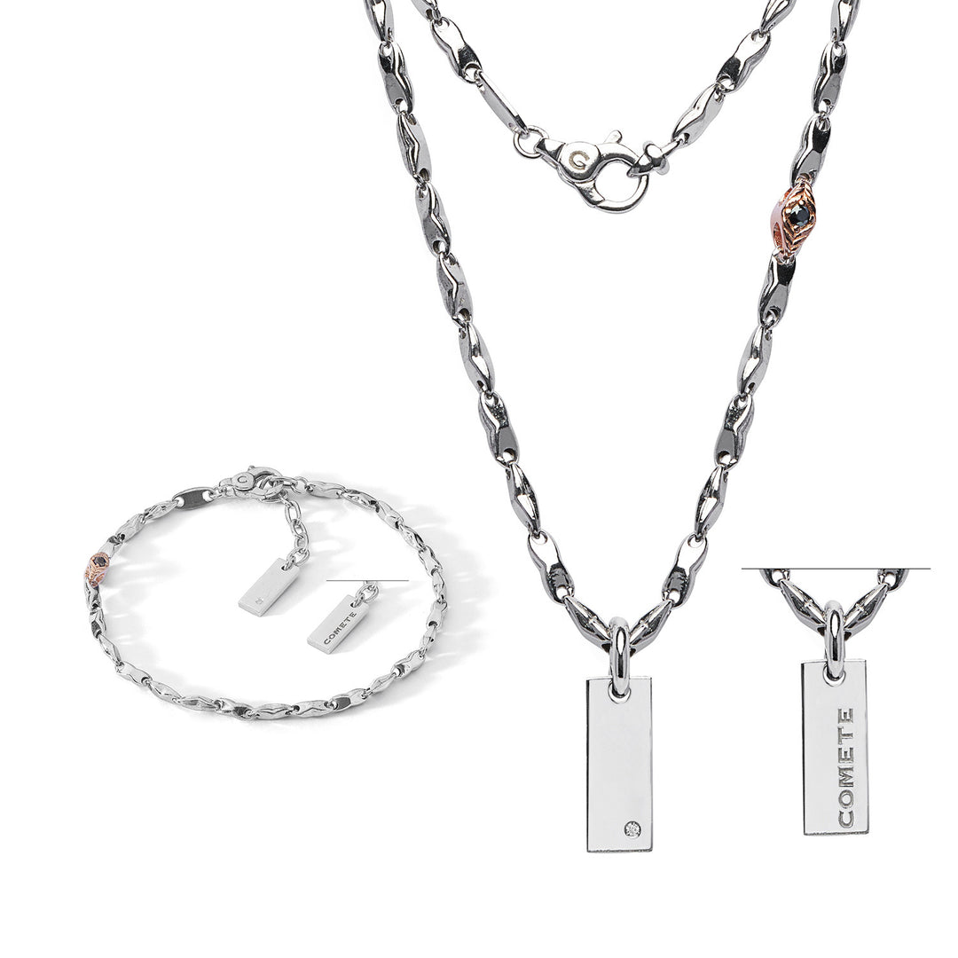 Náramek a náhrdelník Comete v lesklém a růžovém stříbrném, diamantovém a černém Spinels KIT7501258