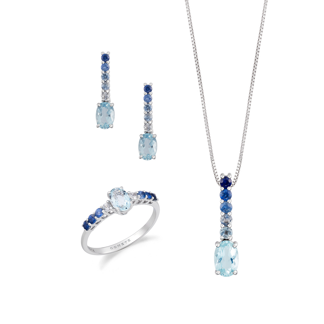 Comete Collana, anello e orecchini Oro 750‰. Zaffiri degradè e Acquamarina ovale KIT310345267