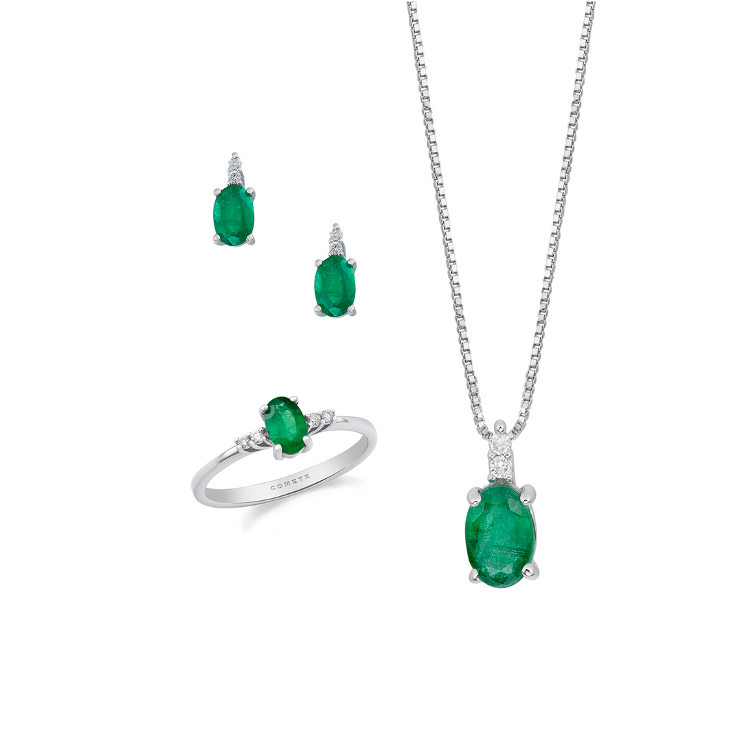 Comete Collana, anello e orecchini Oro e Diamanti bianchi, Smeraldo ovale KIT1658S32688S31105S3