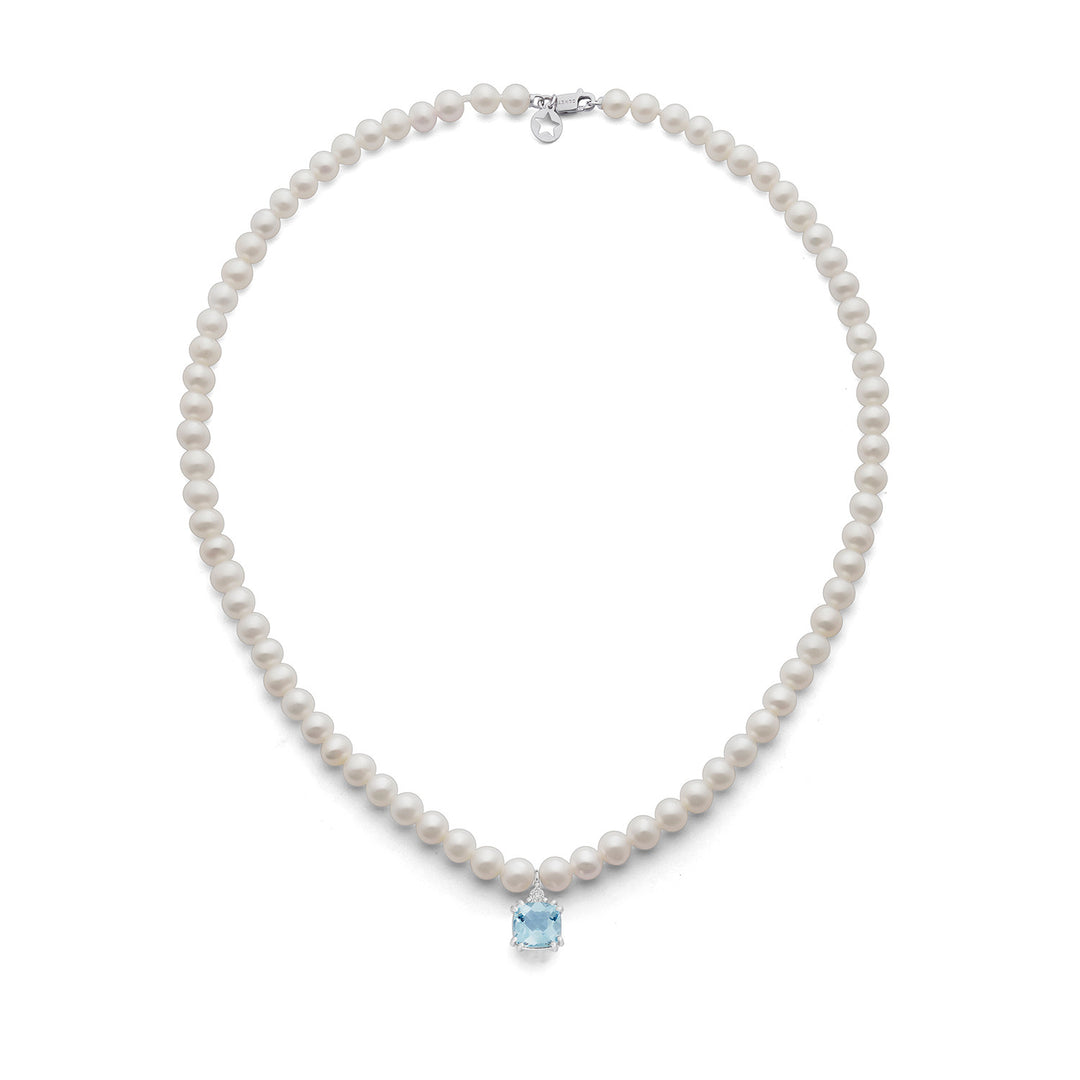 Collar Comete Perlas en Oro y Diamante Talla Antigua y Aguamarina FWQ377