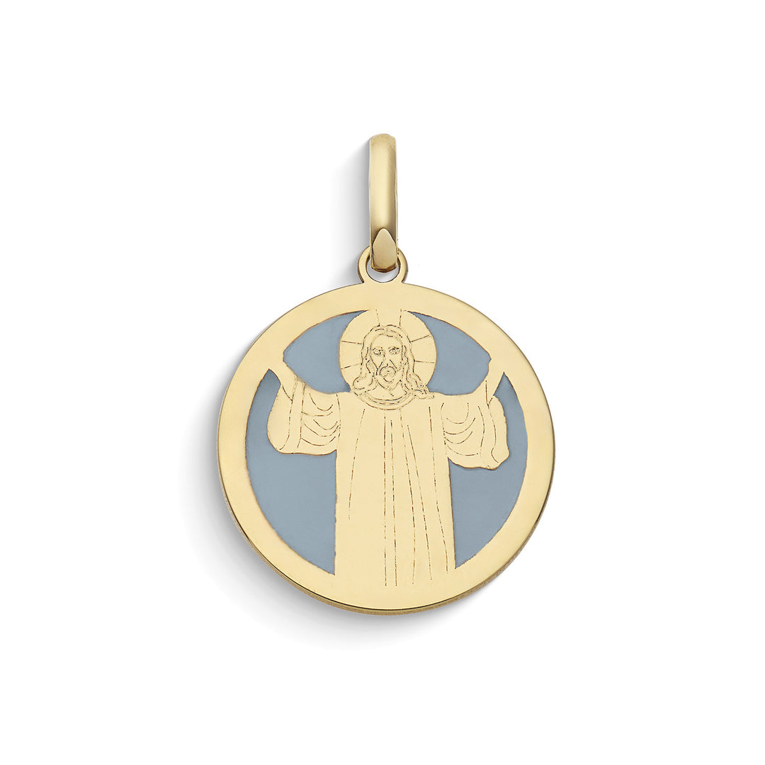 Colgante Comete Redondo con icono de Jesús en oro amarillo y esmalte KCOB040