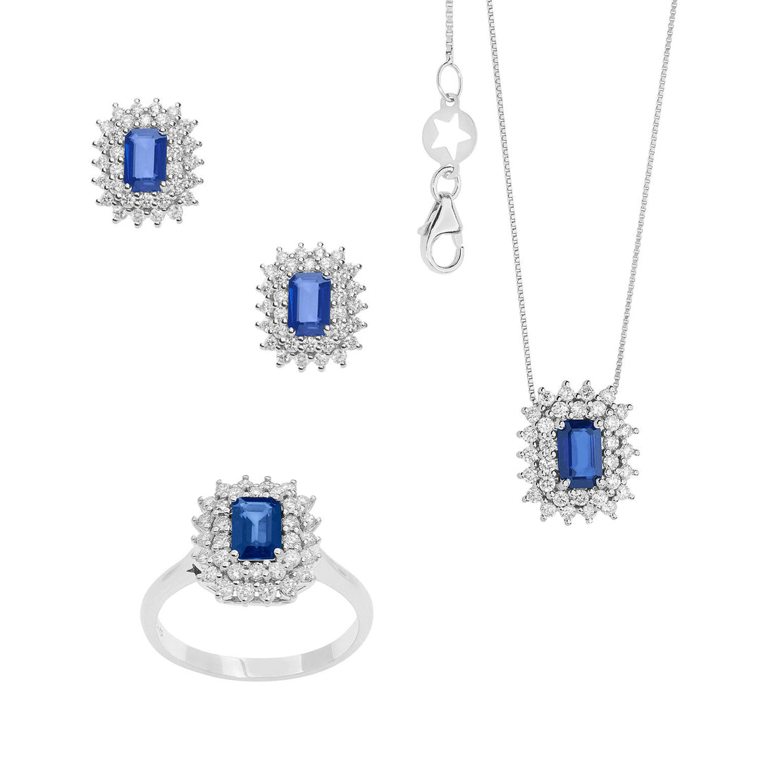 Comete halskæde, ring og øreringe Regina i guld, diamanter og ottekantet safir KIT160326231058